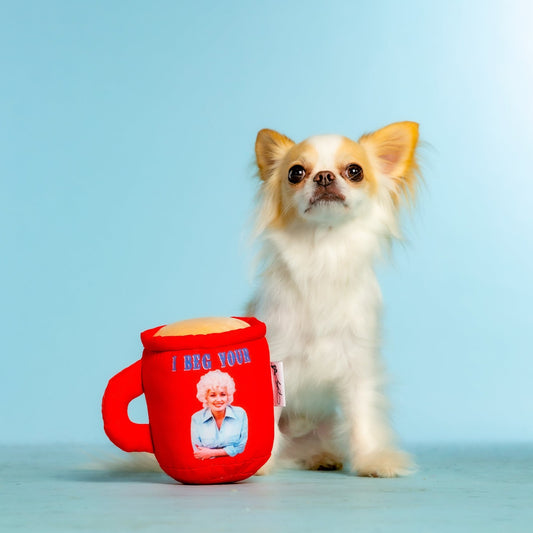 I Beg Your Parton Red Coffee Mug Plush Dog Squeaky ToyCoffee Mug Plush Dog Squeaky Toy